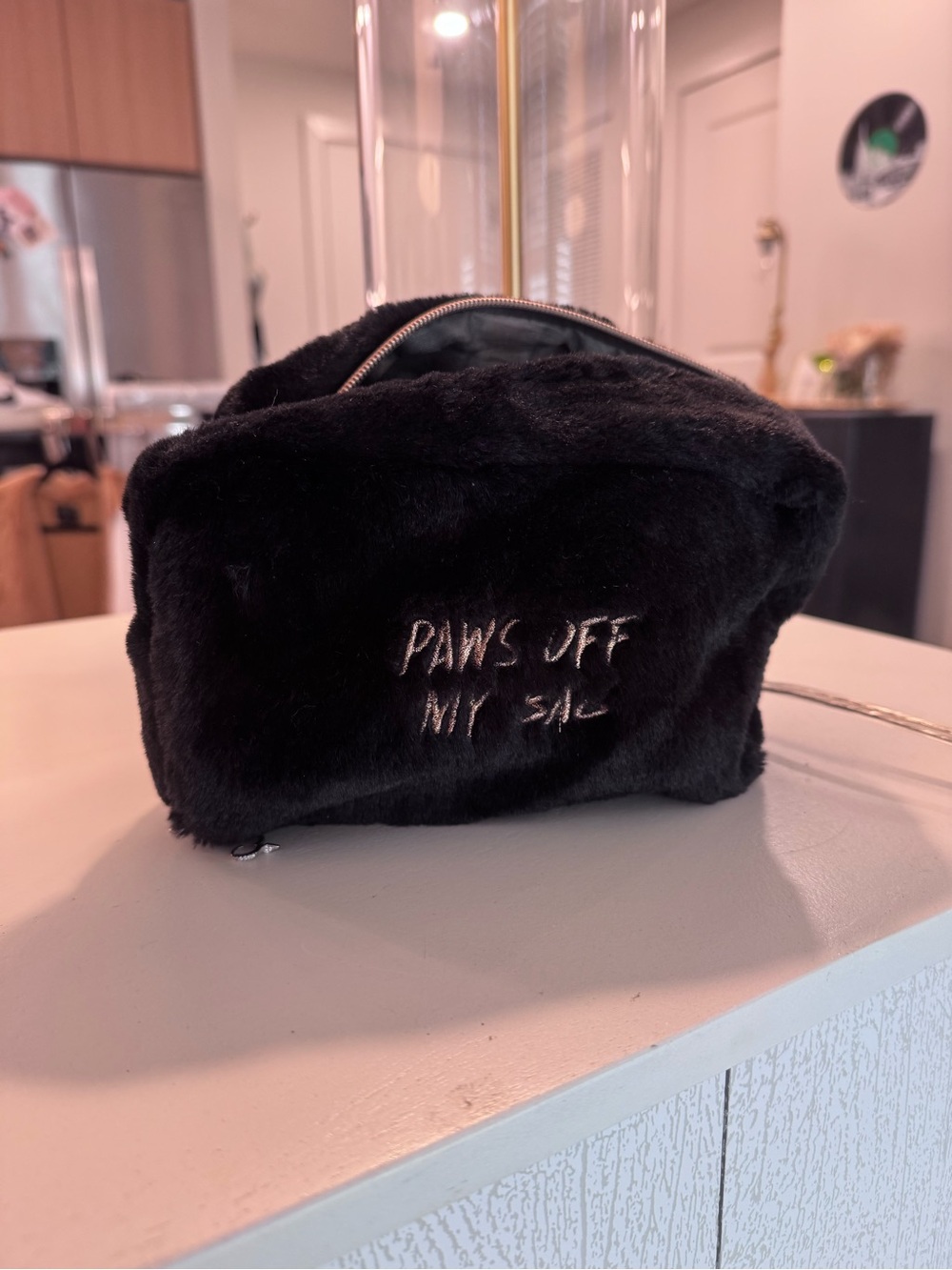 Paws Off Black Faux-Fur Cosmetic Bag